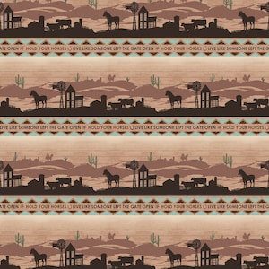 Sostenga sus caballos Ranch Landscape Brown Stripe Y3106-15 Tela de acolchado de algodón 1/2 yarda