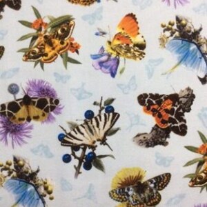 Butterflies Moths and Flowers Tossed Sky Blue Cotton Quilting Fabric 1/2 YARD