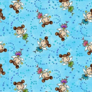 Believe in Magic Fairies Tossed Allover Cyan Cotton Quilting Fabric 1/2 YARD