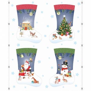 May include: Four fabric Christmas stockings featuring winter scenes. One shows a cottage, one a decorated tree, one Santa Claus with animals, and one a snowman. Each stocking has a patterned cuff and a snowy base with various woodland creatures.