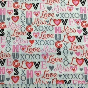 Hearts of Love Words Pink Cotton Quilting Fabric 1/2 YARD