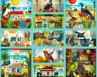Summer Play leuchtenden Neuseeland Vögel 81410/101 Cotton Quilting Fabric Panel