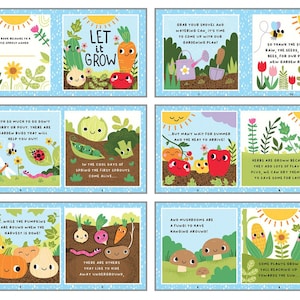 May include: A children's book with colourful illustrations about gardening. The pages feature smiling vegetables, insects, and the sun, with text like "Let it Grow" and "Garden Bugs". The book is designed with a blue border.