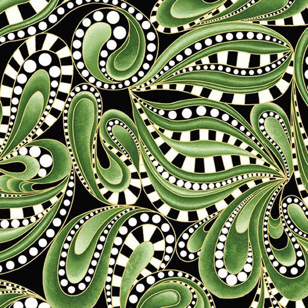 Cat-I-Tude 2 Purr Fect Together Paisley Swirl Multi Green Metallic Highlights Cotton Quilting Fabric 1/2 YARD