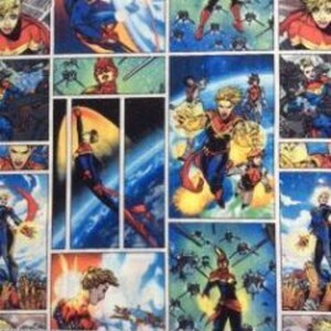 May include: A colorful fabric with a repeating pattern of comic book panels featuring a superhero in a red, blue, and gold costume. The superhero is flying through the air and surrounded by explosions and other special effects.