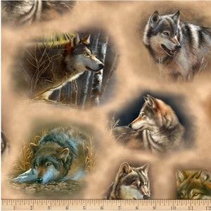 May include: A seamless fabric pattern featuring multiple images of wolves in various poses. The wolves are depicted in shades of brown, gray, and white against a beige background.