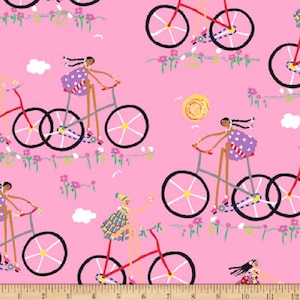 City Gals Großes Mädchen auf dem Fahrrad Rosa Baumwolle Quilting Stoff 1/2 YARD