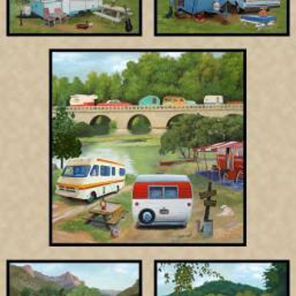 Caravan Retro Vintage Trailers Camp Park Earth Cotton Quilting Fabric Panel