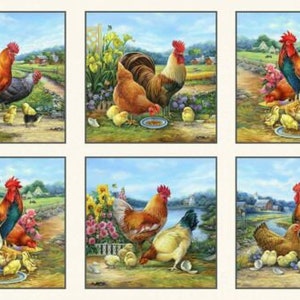 Puede incluir: Seis cuadrados coloridos con una escena de granja de gallos, gallinas y pollitos. Cada cuadrado presenta un gallo con un plumaje de color diferente y una gallina y pollitos de varios colores. El fondo de cada cuadrado es una escena rural de granja con hierba verde, flores y un cielo azul.