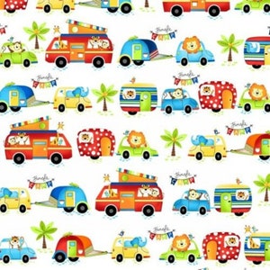 Jungle Camp Animals Cars Caravans White Background Cotton Quilting Fabric 1/2 YARD