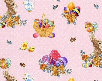 Bunny Tails Easter Bunny and Baskets Pink 9764-22 Cotton Quilting Fabric 1/2 YARD