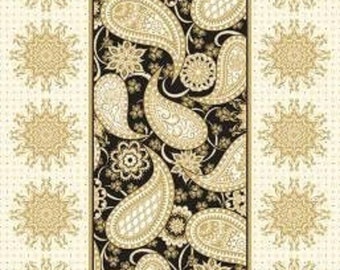 Jubilee Embroidery Floral Black and Gold Metallic Paisley Cotton Quilting Fabric Panel