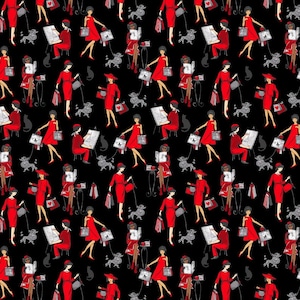 Bonjour Parisian Women In Red Paris C8688-black algodón acolchado tela 1/2 yarda