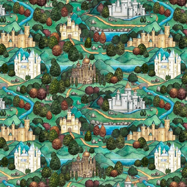 Dragon Quest Castles Scenic 28806-G Cotton Quilting Fabric 1/2 YARD