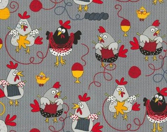 Knitting Chickens Allover Grey Cotton Quilting Fabric 1/2 YARD