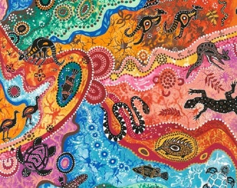 Australian Aboriginal Inspired Dilkara Emu Goanna Snake Cotton Quilting Fabric 1/2 YARD