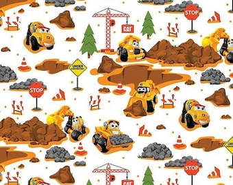 CAT Gebäude Crew Wichtigsten weißen Bulldozer Szulieferwagen Baumwolle Quilten Stoff 1/2 YARD