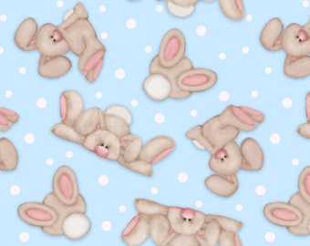 Comfy Cute Bunnies Tossed Light Blue Background Cotton FLANNEL Fabric 1/2 YARD