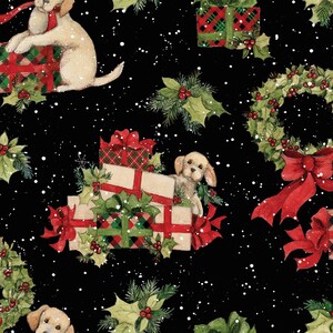 Holly Gifts Christmas Dogs and Wreaths Cotton Quilting Fabric 1/2 YARD