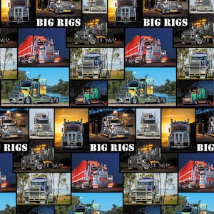 May include: A collage of images featuring various large goods vehicles in different settings. The trucks are all brightly coloured and have a variety of designs. The text "BIG RIGS" appears multiple times in the collage.