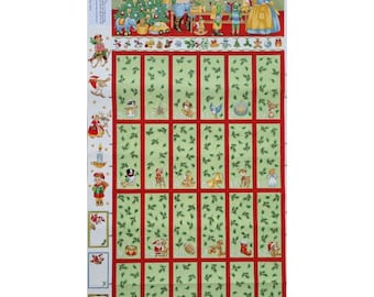 May include: A red and green Christmas advent calendar with 24 numbered windows. Each window features a different festive illustration, including a Christmas tree, Santa Claus, reindeer, and other holiday symbols. The calendar is perfect for counting down the days until Christmas.