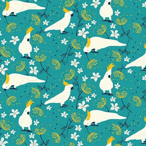 May include: A seamless pattern featuring white cockatoos with yellow crests perched on branches with white flowers and yellow flower buds against a teal blue background.
