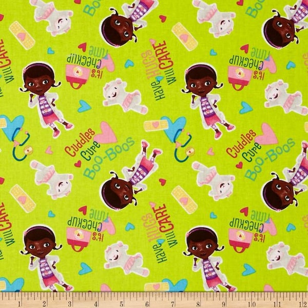 Disney Doc McStuffins Cuddles Cure Boo Boos Lime Cotton Quilting Fabric 1/2 YARD