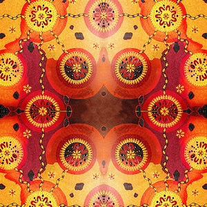 Può includere: Un motivo simmetrico di cerchi rossi, arancioni e gialli con punti e linee nere. Lo sfondo è di colore marrone scuro.