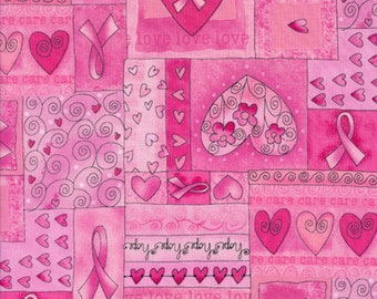 Breast Cancer Awareness Pink Ribbon Hearts Cotton Quilting Fabric 1/2  YARD