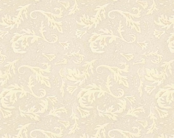May include: A seamless pattern of cream-coloured floral designs on a light beige background. The pattern is intricate and delicate, with swirling vines and leaves.