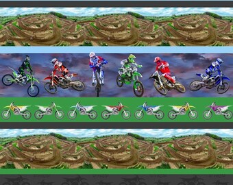 Motocross Maniacs Dirt Bikes Stripe 1137E Baumwolle Quilting Stoff 1/2 YARD