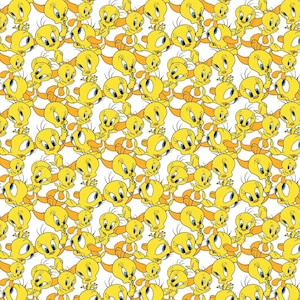 Tela acolchada de algodón blanca con expresiones de Tweety Bird y personajes retro de Looney Tunes 2, 1/2 yarda