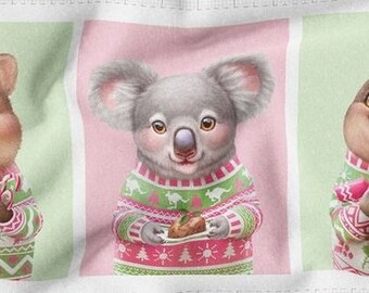 May include: Three cute animals wearing festive Christmas sweaters. A quokka is holding candy canes, a koala is holding a plate with a Christmas treat, and a platypus is holding a candy cane. The animals are on a green and pink background.