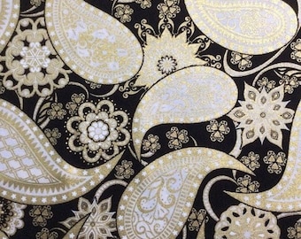 Jubilee Floral Black and Gold Metallic Paisley Cotton Quilting Fabric 1/2 YARD