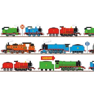 Panel de tela acolchada de algodón blanco de la línea de tren All Aboard with Thomas and Friends