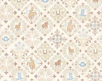May include: A beige background with a repeating pattern of brown and blue cowboy-themed imagery. The pattern includes horses, boots, stars, horseshoes, and cowboy hats.