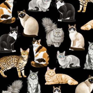 Feline Fancy Cats Black Background Cotton Quilting Fabric 1/2 YARD