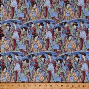 Japanese Elegance Geishas with Parasols  10403-MULTI Cotton Quilting Fabric 1/2 YARD