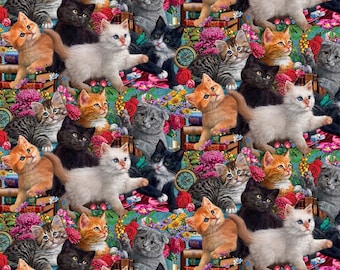 Madame Victorias Elegant Cats Kittens Cotton Quilting Fabric 1/2 YARD