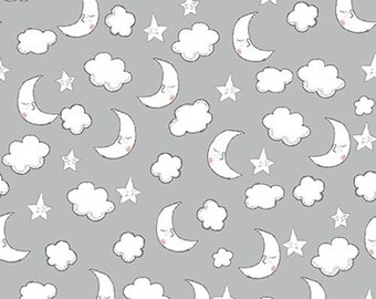 Moon Clouds And Stars Comfy Grey Cotton FLANNEL Fabric 1/2 YARD