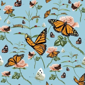 Botanical Garden Butterflies Roses Blue Background Cotton Quilting Fabric 1/2 YARD