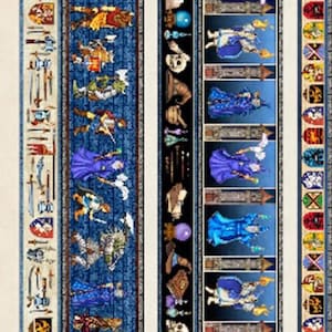 Puede incluir: Un tapiz azul y blanco con un patrón repetitivo de magos, pociones y otros objetos mágicos. El tapiz está dividido en tres secciones verticales, cada una con un diseño diferente. La sección izquierda presenta una serie de magos y criaturas mágicas, la sección del medio presenta una serie de pociones y otros objetos mágicos, y la sección derecha presenta una serie de escudos y otros símbolos heráldicos.