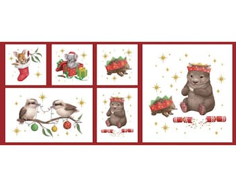 May include: A set of six illustrated Christmas cards featuring Australian animals wearing festive hats. The animals include a koala, a wombat, a kookaburra, and an echidna. The cards are decorated with stars, confetti, and other festive elements.