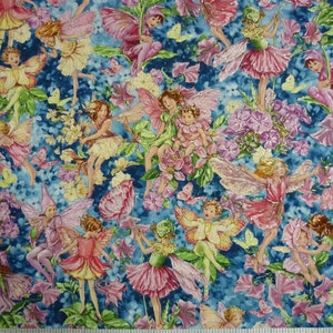 Fairy Whispers Cicely Mary Barker Silver Metallic Highlights Cotton Quilting Fabric 1/2 YARD