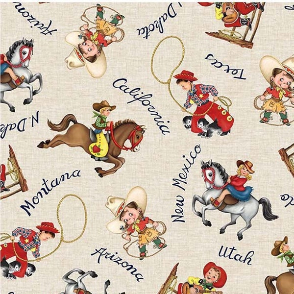 Happy Trails Whoa Nellie Cowboys Cowgirls Cream CX11508-CREM Cotton Quilting Fabric 1/2 YARD