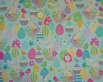 Easter Bunny baskets Aqua Some Bunny Loves You Cotton Quilting Fabric 1/2 YARD