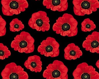 Remembering the ANZACS WW1 Poppies Black Small Cotton Quilting Fabric 1/2 YARD