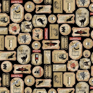 Nevermore Spooky Labels Skulls Spiders Headstones Cotton Quilting Fabric 1/2 YARD