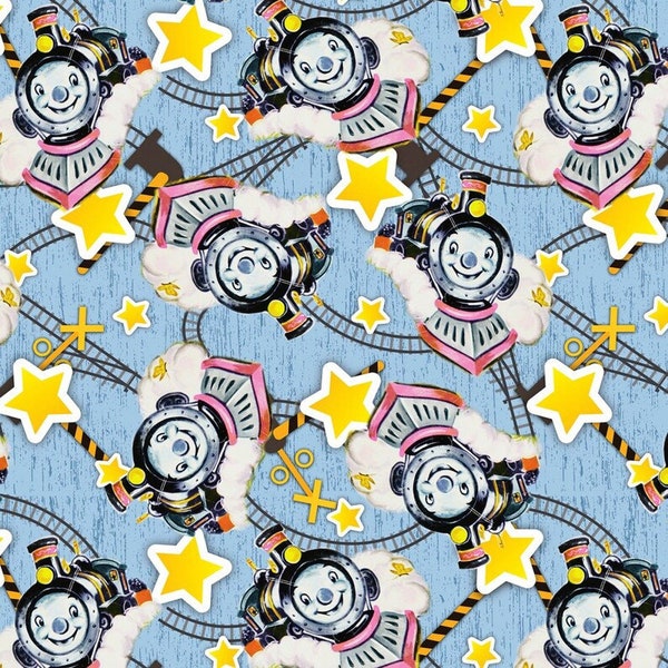 Vintage Storybook Benji Engie Train and Tracks Blue Cotton Quilting Fabric 1/2 YARD