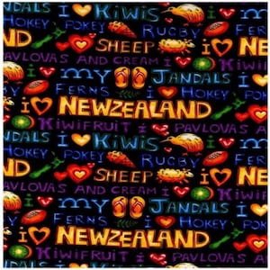 May include: A black background with colourful text and illustrations. The text includes "I love Kiwis", "I love New Zealand", "Jandals", "Pavlovas", "Kiwi Fruit", "Sheep and Cream", "Ferns", "Rugby", "Hokey Pokey", and more.